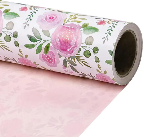 Vista 12 de RUSPEPA Papel de regalo reversible floral para niñas y mujeres, mini rollo, acuarela azul floral y azul sólido papel de regalo para cumpleaños