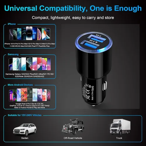 Vista 7 de Cargador de coche USB, 2 unidades de 4.8 A de carga rápida de doble puerto USB para iPhone 15 14 13 12 11 Pro Max SE XR X 8 7 6, iPad, Samsung