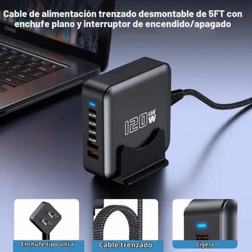 Vista 2 de Bloque de cargador rápido USB C, adaptador de concentrador de estación de carga de 120 W, 6 puertos, cargador múltiple de pared USB C con Negro