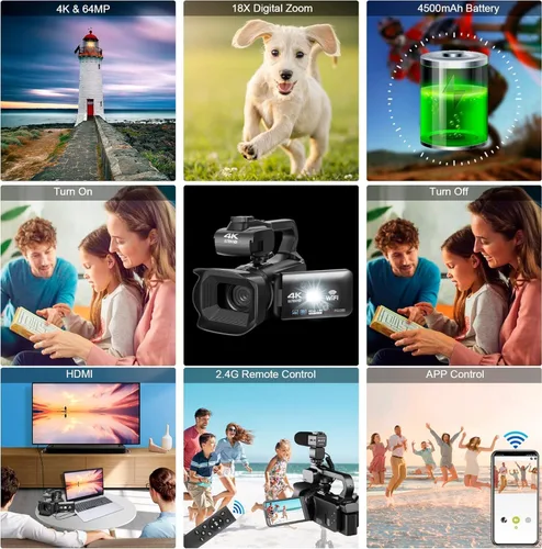 Vista 4 de Videocámara de video 4K UHD mejorada con micrófono, zoom digital de 18X, cámara de vlogging de enfoque automático para YouTube Antishake grabadora