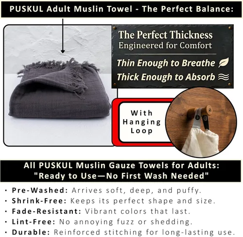 Vista 7 de PÜSKÜL - Toalla de baño de muselina de gran tamaño de 2 piezas para adultos, toallas de baño extra grandes de 35 x 70 pulgadas, 100% algodón turco