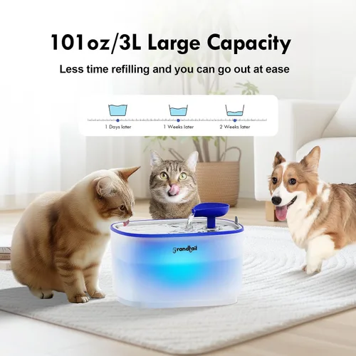 Vista 5 de Fuente de agua para gatos de acero inoxidable, dispensador de agua para perros con bomba inalámbrica, dispensador de agua para gatos de 101 oz/3 L