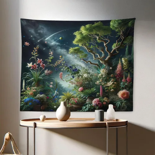 Vista 137 de Ambesonne Tapiz verde, fases lunares alrededor de un árbol de la vida, impresión de diseño bohemio de astrología nocturna, decoración de tela