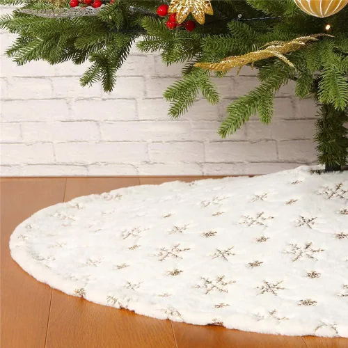 Vista 11 de Sattiyrch - Falda de árbol de Navidad con lentejuelas de 48 pulgadas, blanca suave y gruesa con decoraciones de copos de nieve dorados para árbol