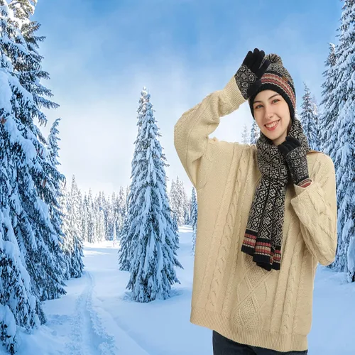 Vista 2 de 3 piezas de gorro de invierno bufanda y guantes para pantalla táctil para mujer, gorro de punto, gorro de cuello cálido, bufanda con forro polar