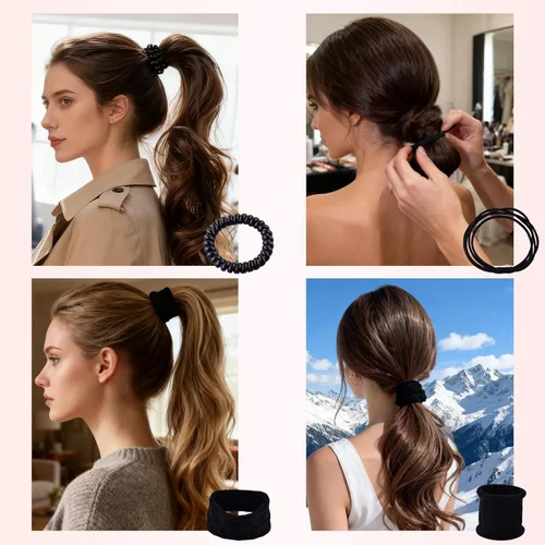 Vista 4 de 110 ligas negras para el cabello de varios estilos para mujeres, ligas elásticas para el cabello sin daños, soporte para cola de caballo