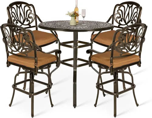 Vista 26 de VIVIJASON Juego de 3 taburetes de bar giratorios para exteriores, de aluminio fundido para todo tipo de clima, con 2 sillas de bar acolchadas y mesa