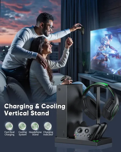 Vista 7 de Charger Stand with Cooling Fan for Xbox Series S Console and Controller,Vertical Dual Charging Dock Accessories with 2 x 1400mAh Rechargeable Negro