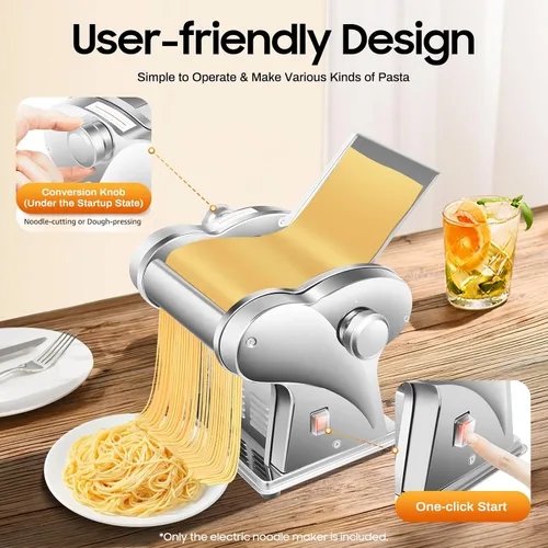 Vista 4 de Máquina eléctrica para hacer pasta, rodillo de masa eléctrico comercial, grosor de fideos, acero inoxidable ajustable, 135 W, máquina para hacer