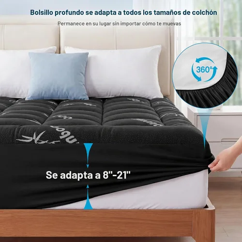 Vista 4 de Cubrecolchón impermeable tamaño individual de viscosa derivada del bambú, protector de colchón extra grueso para dolor de espalda, cubrecolchón Gris