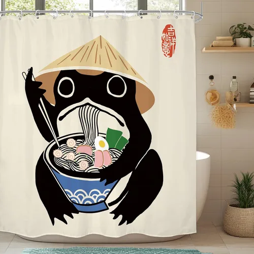 Vista 37 de Juego Divertido de Cortina de Rana Retro para Ducha, Juego de Baño 48x71 Pulgadas, Estilo Asiático Lindo, Arte Japonés Tradicional de Pato de Goma