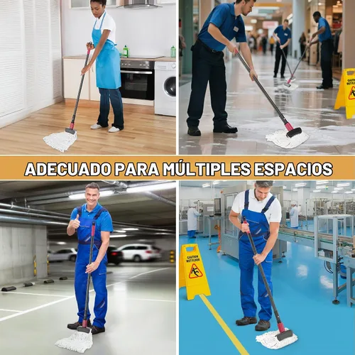 Vista 8 de Fregonas Comerciales para Limpieza de Pisos - Fregona de Bucle con Mango Largo para Pisos de Madera Dura, Baldosas, Vinilo - Cabezal de Algodón