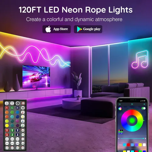 Vista 2 de LETIANPAI Luces de Cuerda de Neón de 120 Pies, Luces de Cuerda LED Flexibles con Control por App/Control Remoto, Múltiples Modos de Sincronización