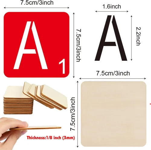 Vista 2 de 30 piezas de 3 pulgadas estilo Scrabble letras con 60 piezas de madera cuadrada sin terminar de 3 pulgadas para decoración del hogar y proyectos