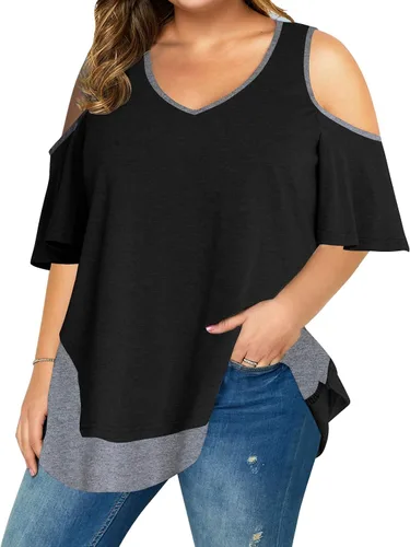 Vista 3 de AMCLOS Camiseta de manga corta con cuello en V y hombros descubiertos para mujer, talla grande, túnica casual de verano