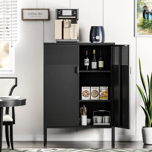 Vista 12 de Gabinete de almacenamiento de metal ancho negro, gabinete de acento de 2 puertas para el hogar y la oficina, gabinete de metal bajo de 2 niveles
