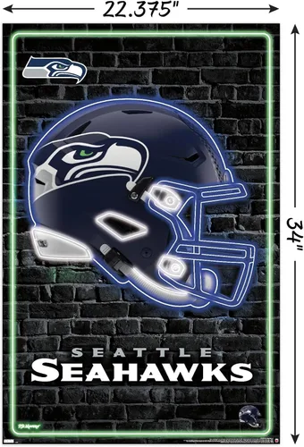 Vista 3 de NFL Seattle Seahawks - Póster de pared con casco neón 23, 34 pulgadas de largo x 22.4 pulgadas de ancho, versión sin marco
