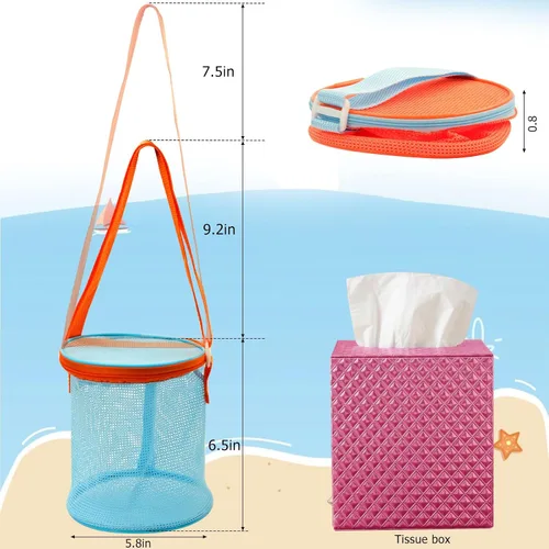 Vista 5 de 4 bolsas plegables de almacenamiento de juguetes, bolsas de conchas marinas de gran capacidad para la playa, bolsa de almacenamiento portátil