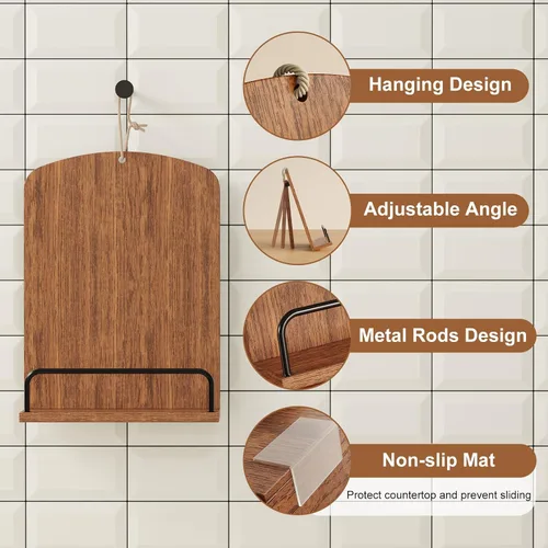 Vista 4 de Soporte de madera para encimera de cocina, soporte para libros de cocina marrón rústico que se adapta a exhibición colgante o de encimera, soporte
