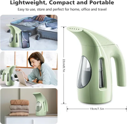 Vista 5 de HiLIFE Vaporizador para ropa, diseño portátil de mano, 240ml de gran capacidad, 700W, vapor penetrante fuerte, elimina arrugas, para el hogar, Verde
