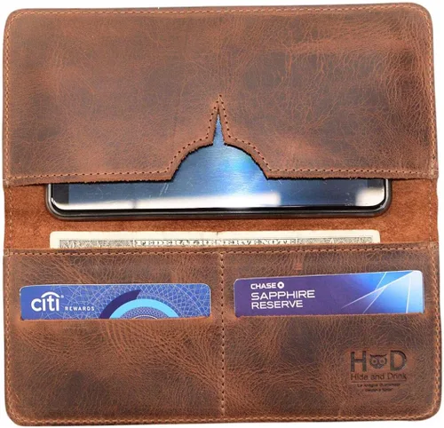 Vista 3 de Hide & Drink, Cartera para teléfono celular hecha a mano de cuero de grano completo, Bourbon Marrón, Cartera de viaje