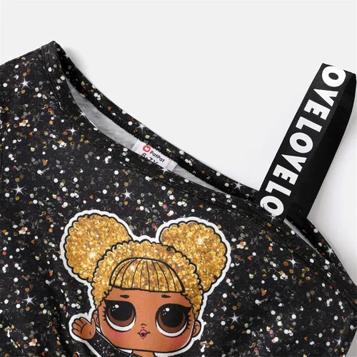 Vista 6 de L.O.L. Surprise! Vestido escalonado con estampado de figura de un hombro para niñas, vestido casual fluido, talla 6-12, Negro