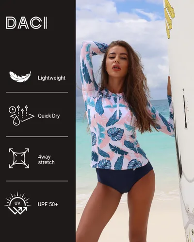 Vista 4 de Daci Traje de baño de 2 piezas para mujer, manga larga, cremallera, con parte inferior, brasier integrado, UPF 50