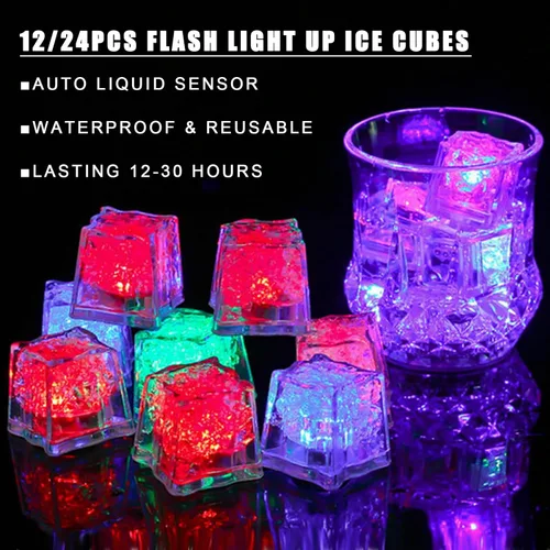 Vista 7 de ENUOLI Cubos de hielo iluminados para bebidas, 12 PCS Cubos de hielo de acrílico LED impermeables intermitentes multicolor brillantes reutilizables
