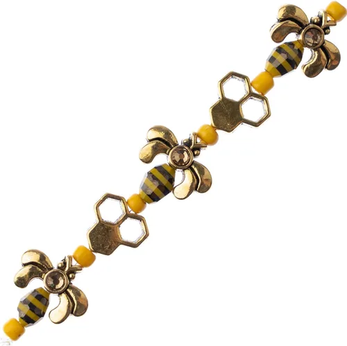 Vista 11 de John Bead Hilo de cuentas de 5 pulgadas en forma de panal y abejas en blanco y negro con detalles de bronce