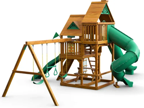 Vista 8 de Gorilla Playsets 01-0031-AP Juego de columpios de madera Great Skye II con techo de madera, 3 toboganes y pared de roca, color marrón