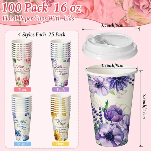 Vista 2 de Dandat 100 tazas de café desechables cristianas con tapas, tazas de papel de 16 onzas con texto en inglés "Floral Tea Scripture" a granel
