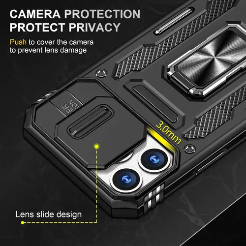 Vista 5 de Funda para iPhone 13 Pro con función atril con cubierta para cámara, protección de grado militar, soporte de anillo de metal, funda parachoques