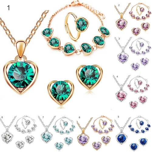 Vista 4 de 4 piezas elegantes para collar, pendientes, pulsera, anillo ajustable para mujer, collar con colgante de corazón de diamantes de imitación, juego