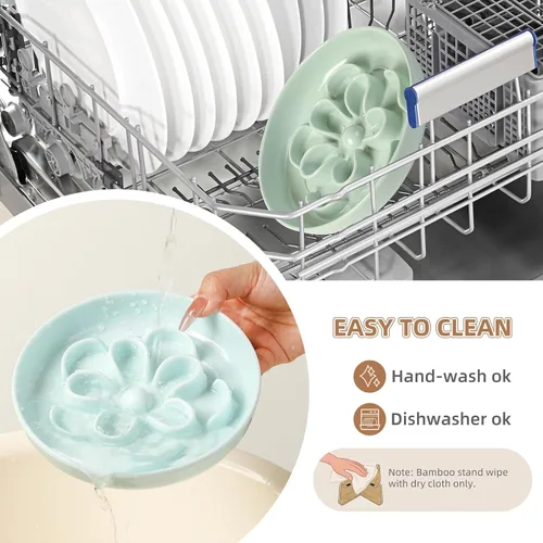 Vista 8 de PTOBER Cuenco elevado para gatos de alimentación lenta – Plato de melamina para gatos con soporte de bambú antideslizante – Tazón de alimentación