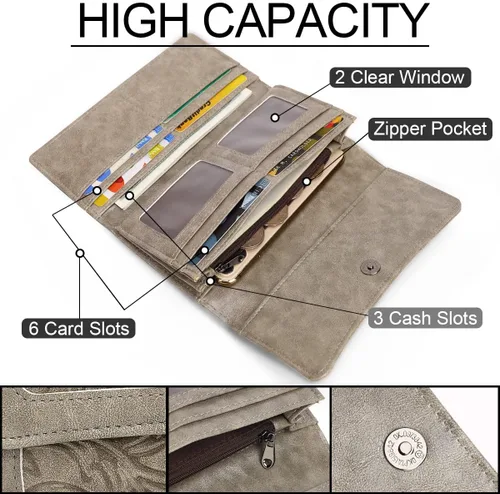 Vista 25 de MEITRUE Cartera de cuero para mujer, con bloqueo RFID, triple pliegue, con relieve, soporte para tarjetas, organizador de chequera para teléfono