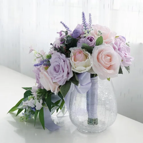 Vista 6 de MOJUN Ramos de boda para novia, rosa morada, taro, gota de agua, ramo de novia en cascada para novia, ramo de novia en cascada para ceremonia de F