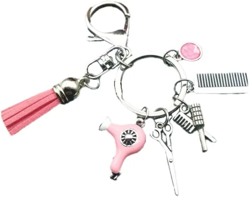 Vista 5 de Fuqimanman2020 Peine tijeras secador de pelo llavero con borla y diamante negro encanto peluquero estilista regalo joyería