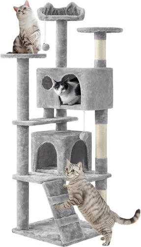 Vista 24 de Yaheetech - Torre de árbol para gatos de 62 pulgadas, torre para gatitos de interior, muebles para mascotas con doble refugio, postes para rascar
