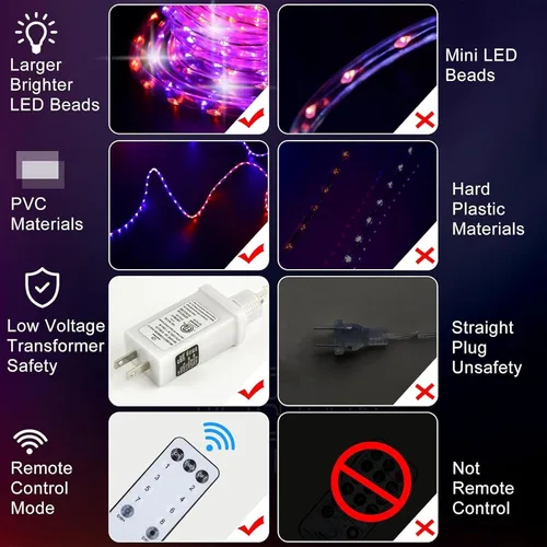 Vista 5 de Guirnalda de luces de Halloween para exteriores, 33 pies, 400 luces LED naranja y morado, luces de tubo impermeables enchufables, 8 modos