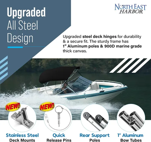 Vista 7 de Bimini Tops de 4 lazos para barcos, a prueba de decoloración, postes de soporte, botas de almacenamiento, lona marina 900D, toldo para barco