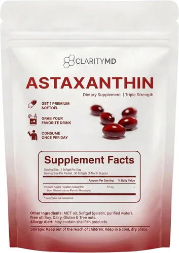 Vista 2 de Astaxantina Suplemento antioxidante de 12 mg – Fuente natural de microalgas – Softgel a base de lípidos para una mayor absorción – Apoyo cognitivo