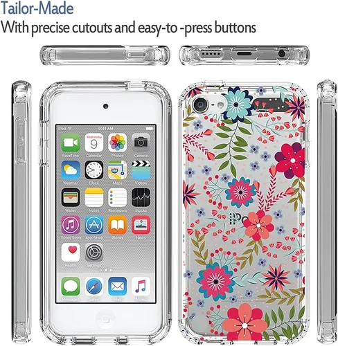 Vista 5 de Funda para iPod Touch 6/5/7, lindo parachoques de TPU transparente floral, delgada, protección resistente, borde de pantalla