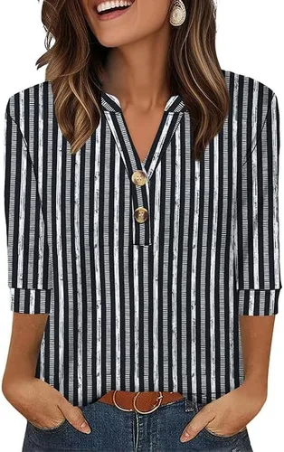Vista 18 de OFEEFAN - Camisetas de manga 3/4 estilo Henley para mujer, blusas de moda de otoño 2025, atuendos escolares para maestras Raya