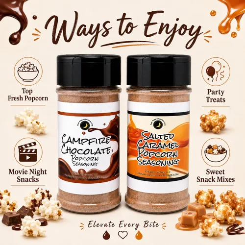 Vista 5 de Premium Paquete de 2 condimentos para palomitas dulces Chocolate y caramelo! Dúo de condimentos de palomitas dulces con sabores Campfire