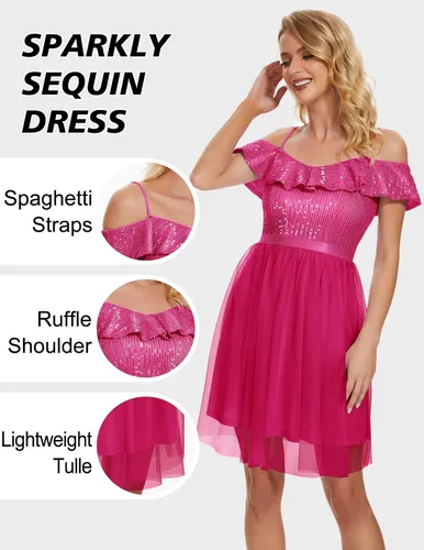 Vista 3 de Wedtrend Vestido de lentejuelas para mujer, vestido semiformal brillante con tirantes delgados, vestido corto de graduación con purpurina