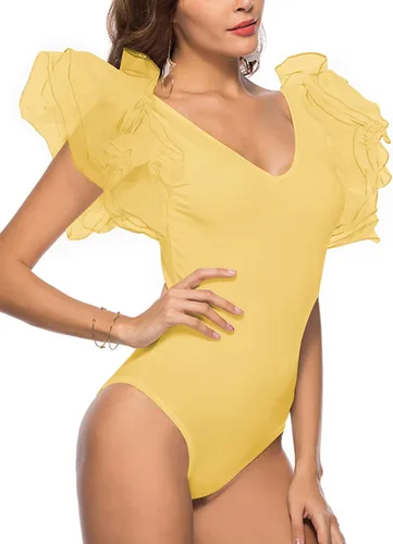 Vista 3 de LYANER Leotardo elástico con cuello en V y mangas de mariposa para mujer