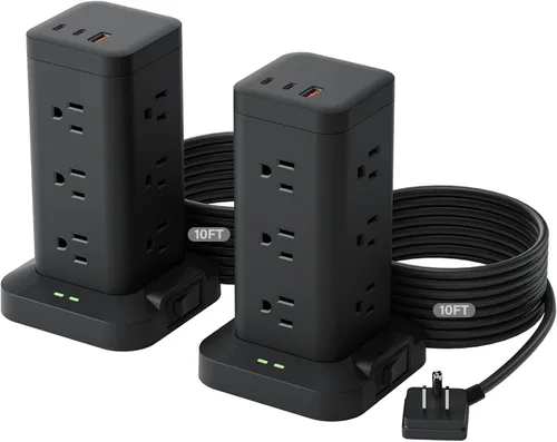 Vista 15 de Torre de regleta de alimentación con protector de sobretensiones de 1800J, torre de carga rápida PD20W puertos USB-C con 12 salidas de CA, cable