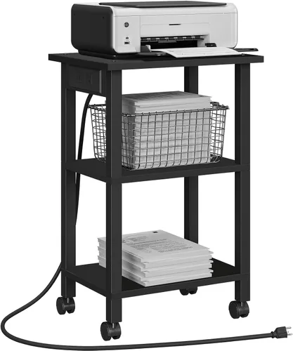 Vista 10 de TUTOTAK Soporte de impresora de 2 niveles, carrito de impresora rodante con tomas de corriente y puertos USB, mesa de impresora móvil con ruedas