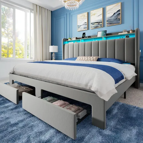 Vista 15 de Allewie - Marco de cama vertical tapizado con plataforma de tamaño matrimonial, con cabecera con almacenamiento de 2 niveles y luces LED, 2 cajones