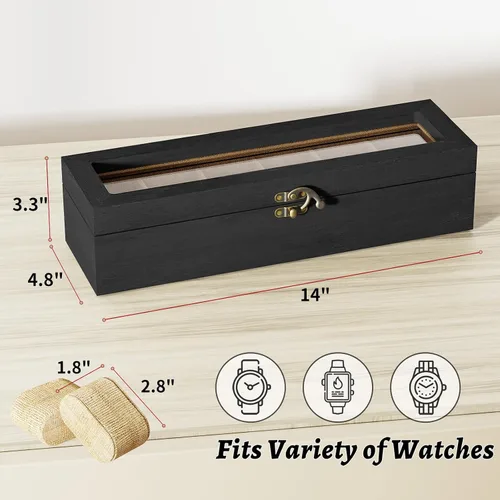 Vista 5 de SRIWATANA Caja de reloj organizadora de 6 ranuras para hombres y mujeres, exhibición de madera con tapa de vidrio, regalos para seres queridos